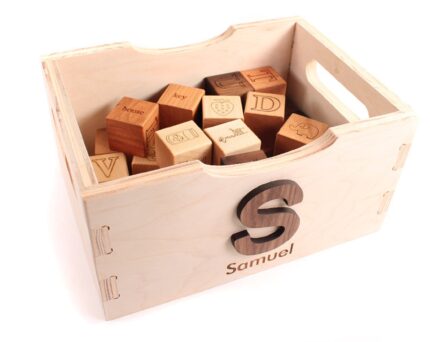 Alphabet Blocks Gift Set – 26 Organic Wood Picture Blocks with Toy Crate