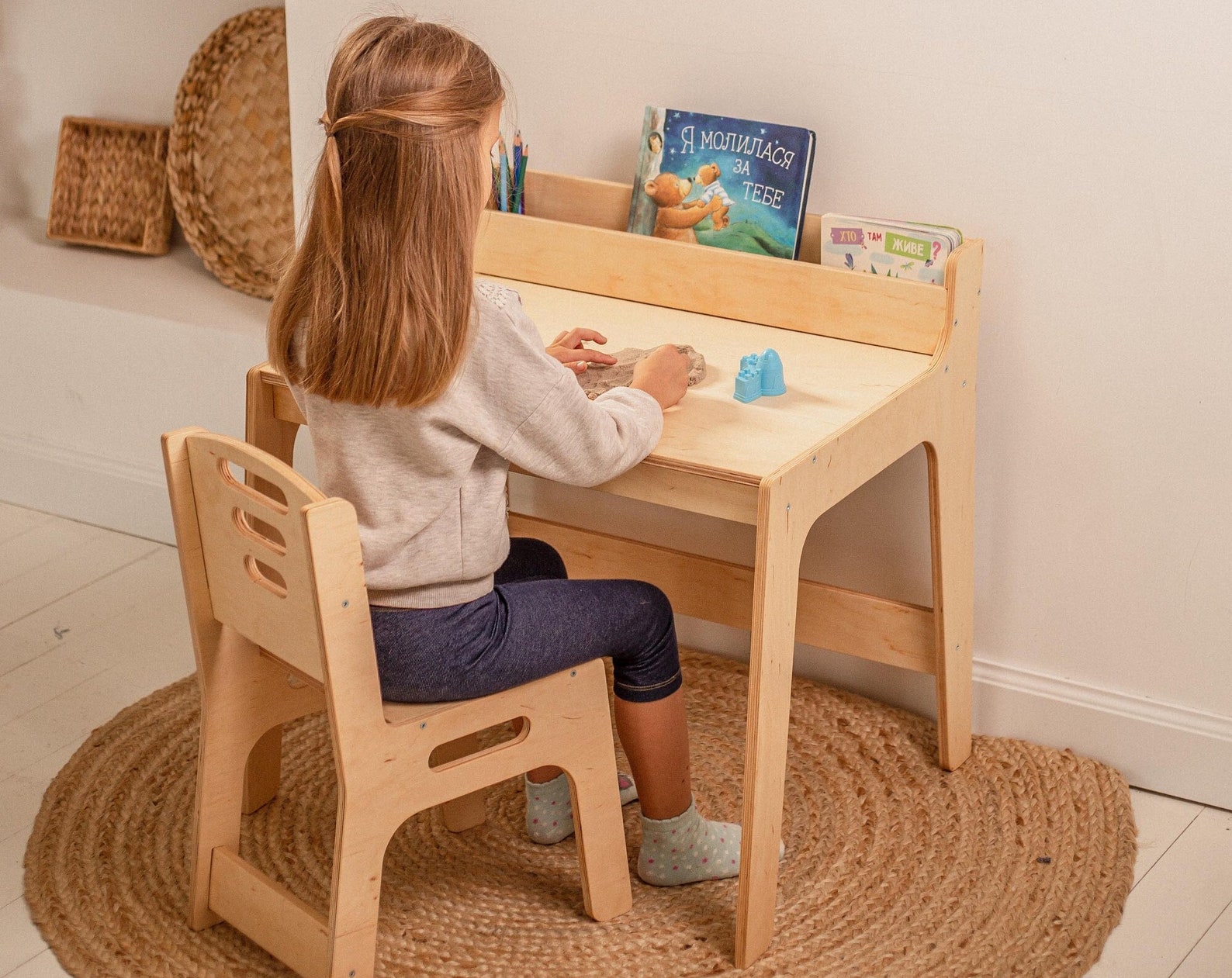 il_1588xN.3685881713_k50k.jpg Desk and chair set for toddler, Montessori table with bookshelf, Kids board game table, Desk with drawer, Minimalist furniture, - Image 1