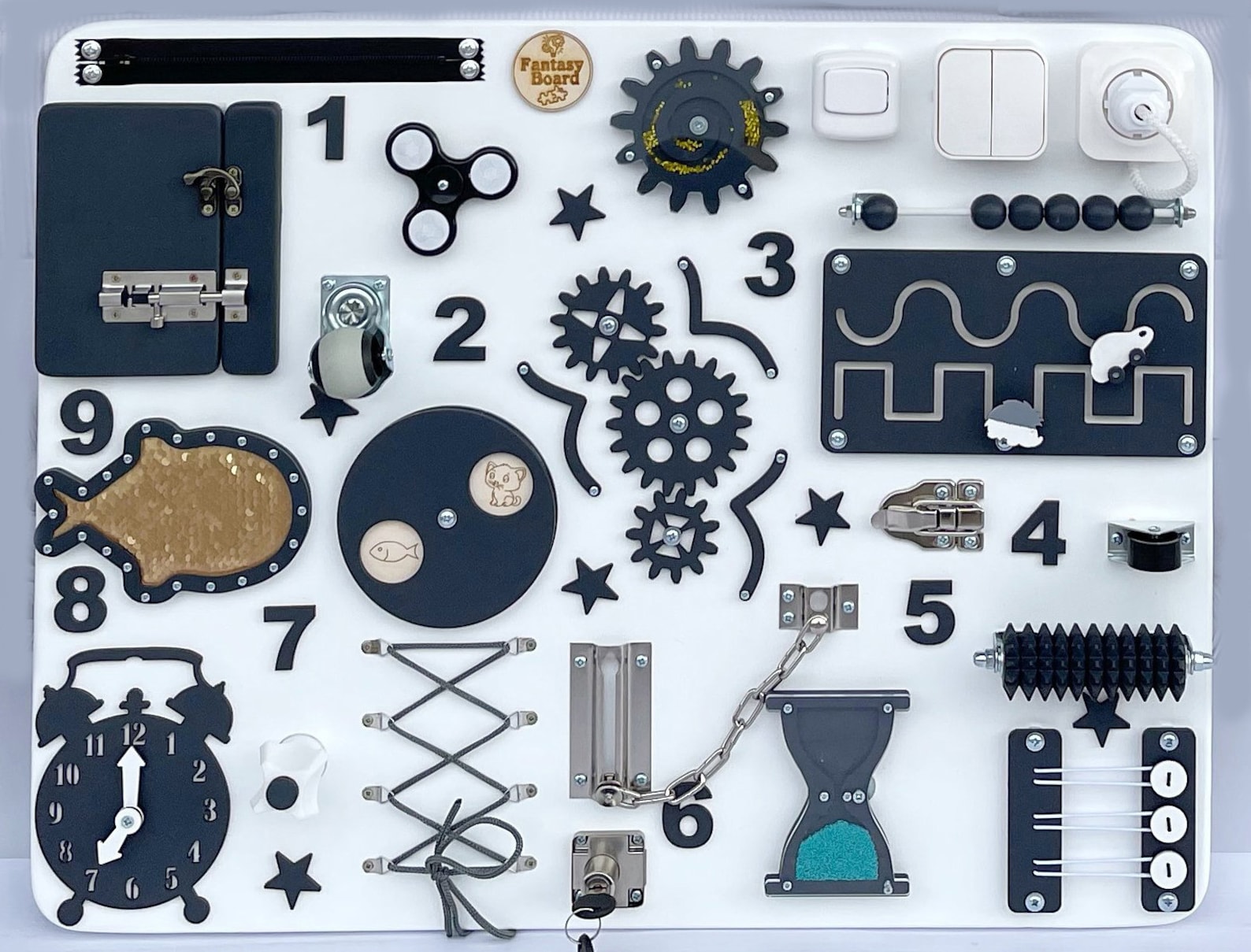 il_1588xN.3733098345_59y8.jpg Montessori busy board, Custom baby board for toddler, Wooden sensory board with latch & locks, Natural wood handmade toys for kids - Image 1