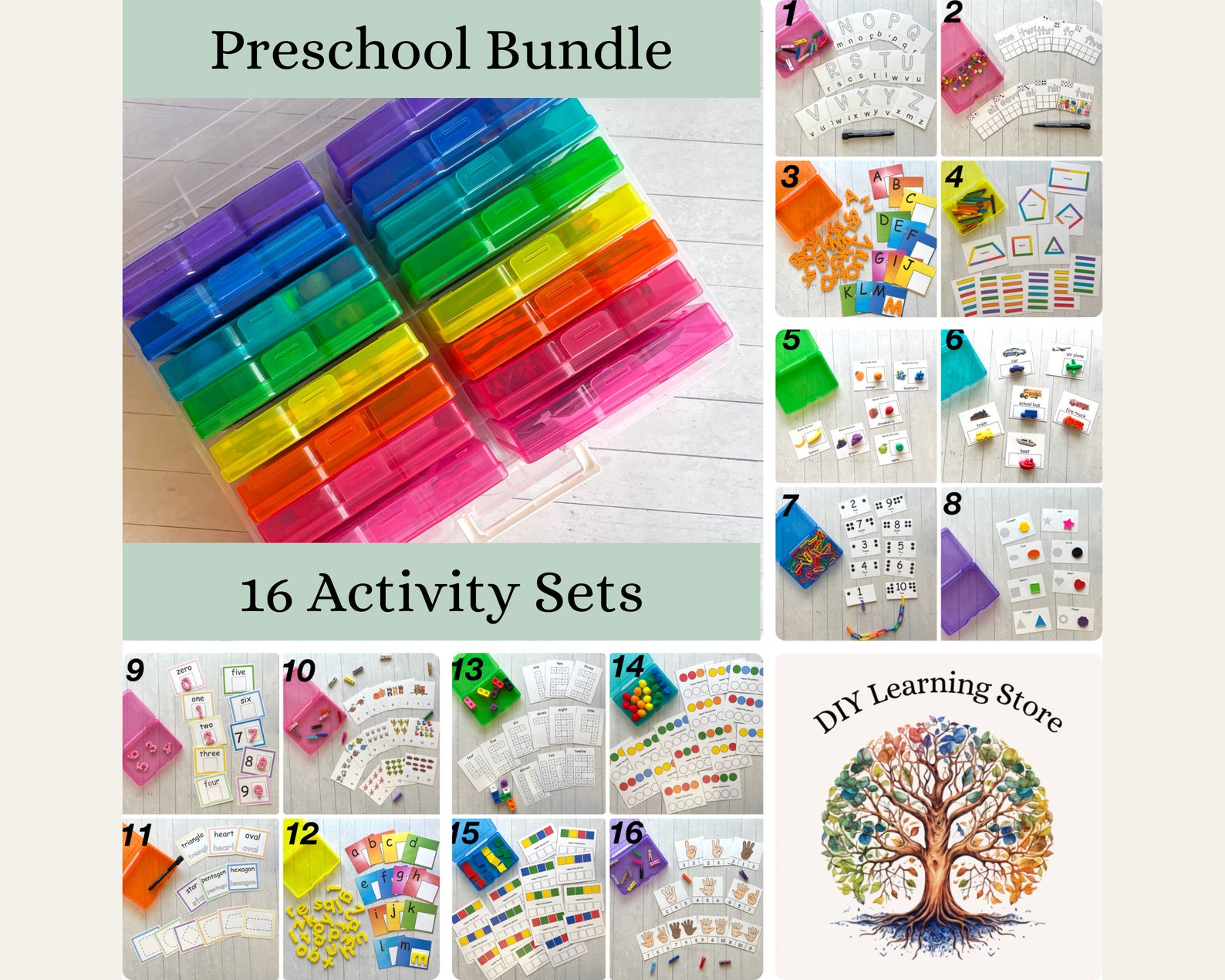 il_1588xN.5612714914_ow71.jpg Preschool Activity Bundle- 16 task box learning activities and carrying case- Homeschool, Pre K, Special Education, Teacher Resource - Image 1
