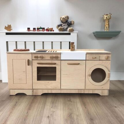 Compact Wooden Play Kitchen with Full Appliances – Handmade Toy with Pull-Out Oven & Dishwasher, Natural Wood Finish. Toy kitchen +3 years