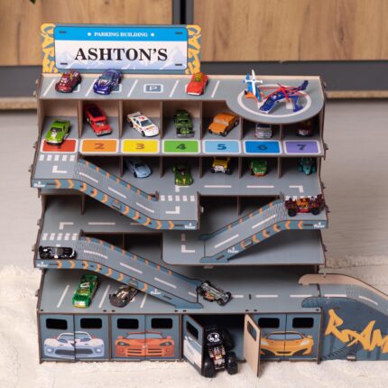 Wooden Parking Garage for Boys, Jump Ramp Toy Car Storage, Personalized Nursery Garage, Gifts for Toddlers Boys