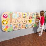 Rounded sensory wall panels in Pastel color for kids museums, libraries, waiting areas and preschool classrooms. Wall-mounted busy board.