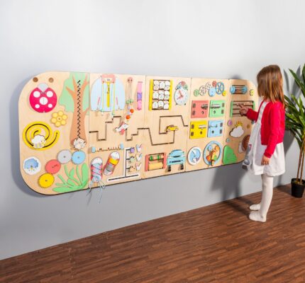 Rounded sensory wall panels in Pastel color for kids museums, libraries, waiting areas and preschool classrooms. Wall-mounted busy board.