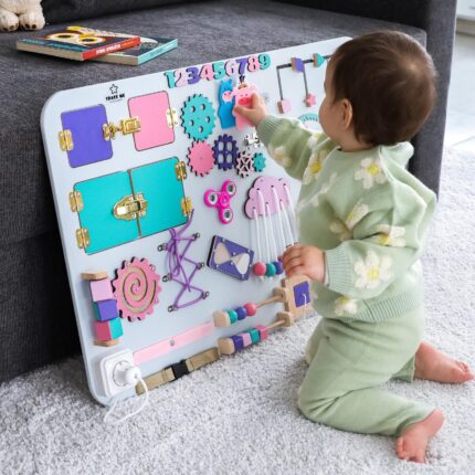 Busy board gift for toddlers – packed with interactive elements to encourage creative thinking, problem-solving, and independent play.