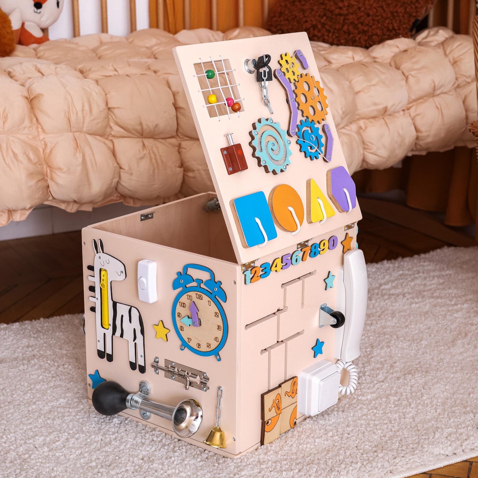 il_1588xN.6836252411_d0wj.jpg Customizable Activity Cube for Toddlers - Educational Toy with Interactive Features | 30x30cm | Develops Motor Skills & Cognitive Abilities - Image 1