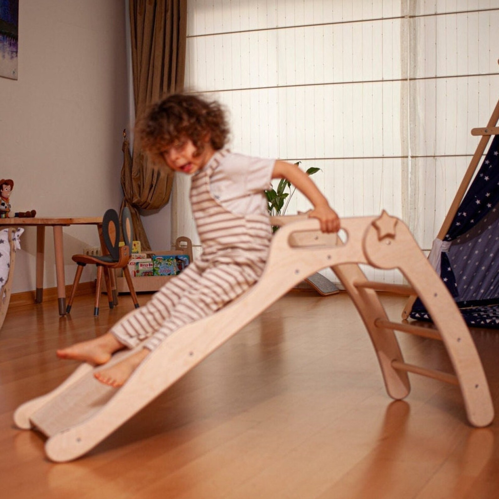 il_1588xN.7105123758_1ikq.jpg Foldable Wooden Indoor Slide for Toddlers – Montessori Baby Toy, 1st Birthday Gift, Indoor Play Gym, Unique Wooden Gift for Kids - Image 1