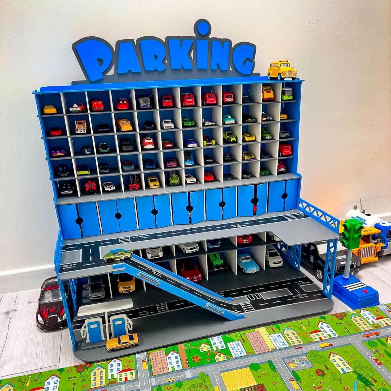 il_1588xN.7149574948_2y6z.jpg Playhouse for Boys, Display & Organizer for 1:64 Scale Cars, Wooden Toy Car Garage with 81 Slots, Wooden Toddler Educational Learning Toy - Image 1
