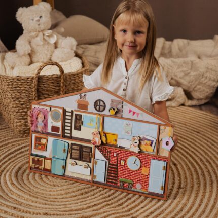 Wooden Busy Board Dollhouse: Montessori Activity Toy for Girls, Educational Learning Gift for Toddlers