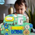 Wooden Busy Board with Locks and Buttons – Fun Learning Toy for Toddlers – Enhances Fine Motor Skills, Sensory Exploration.