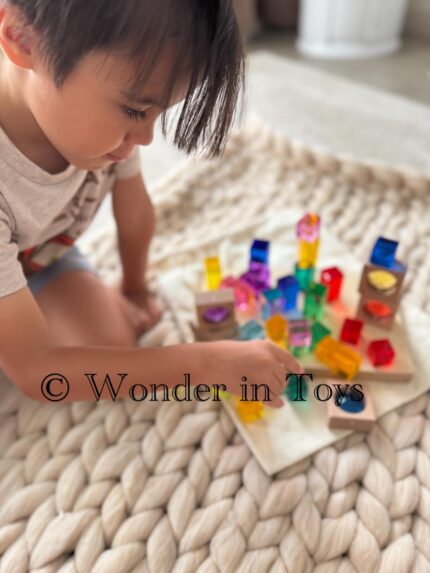 Rainbow Acrylic Block Set with Wooden Tray | Montessori Light & Color Toy | Transparent Building Blocks