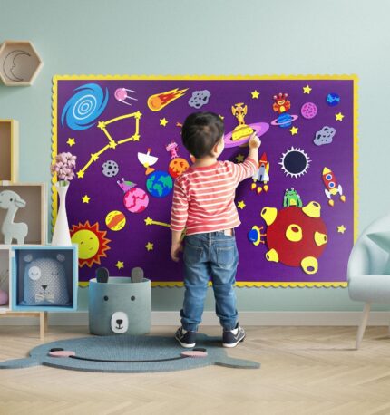 Space Solar System Wall Felt Board, Educational Montessori Activity, 104 felt Toy Set, for a child, boy, age 2-8 years, Early learning decor