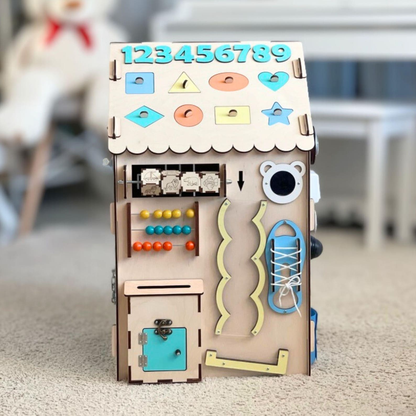 il_1588xN.7407193235_6jp3.jpg Montessori Busy Board House – Large Wooden Activity Playhouse for Toddlers - Image 1