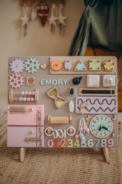 Wooden Sensory Activity Board With Locks Gears Numbers Clock, Educational Toddler Gift, Personalized Montessori Busy Board For Toddlers