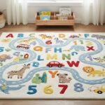 Kids Alphabet Learning Rug, Educational Playroom Carpet, ABC Nursery Rug with Animals & Road,