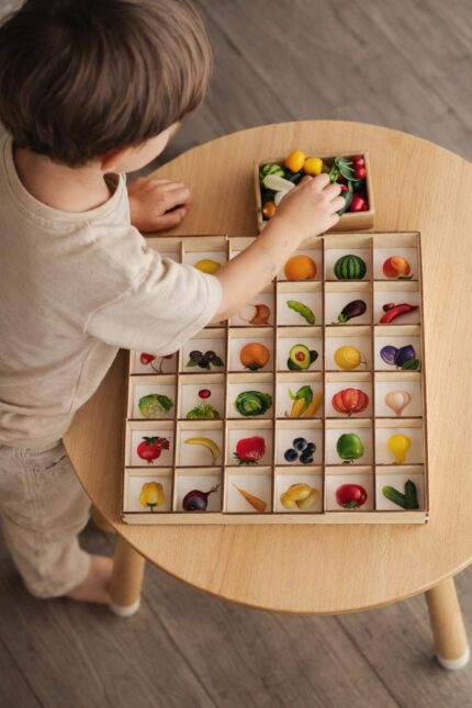 Montessori sorter game for kids, miniature food sorting, pretend play mini kitchen