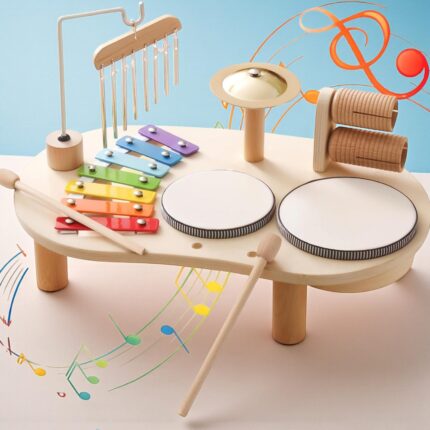 Wooden Drum Set for Toddlers, Montessori Musical Percussion Toy with Xylophone Ages 1–3