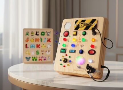 Wooden Busy Board, LED Montessori Sensory Toy, Travel Learning Toy