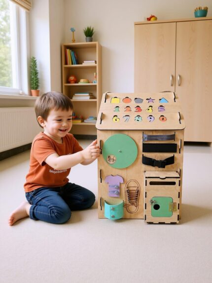 Montessori Busy Board House – Wooden Toddler Activity Cube, Sensory Learning Toy, Motor Skills Development
