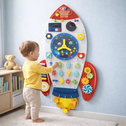 Montessori Busy Board Rocket White Wooden Sensory Wall Toy Toddler Ages 1 to 5