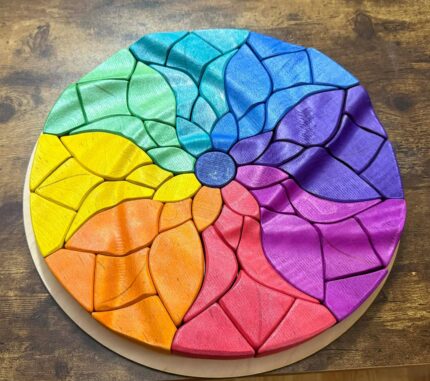 Waldorf & Montessori Rainbow Flower Chunky Wooden Puzzle – 14" Maple Block Set sensory play toy, 3d puzzle, rainbow mandala, sensoryplay