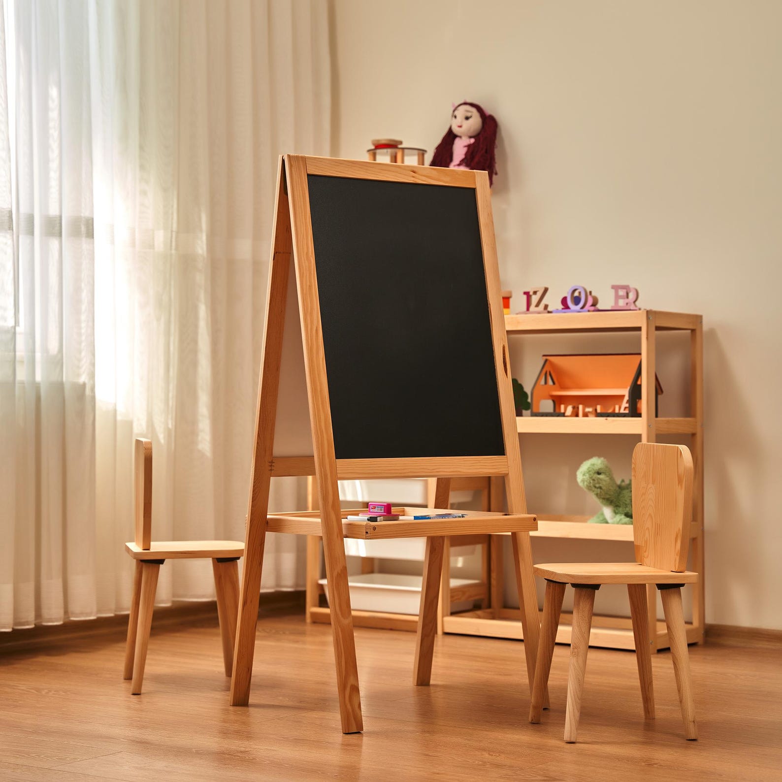 il_1588xN.7826916630_mace.jpg Personalized Wooden Double Sided Writing Board, White Board and Chalkboard with Marker, Duster & Chalk, Standing Art Easel Board for Kids - Image 1