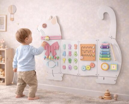 Toddler Toy Cat White Wooden Montessori Sensory Activity Board