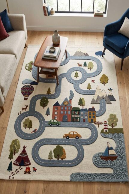 Kids Road Map Play Rug – Educational City Traffic Carpet with Cars, Trees, Mountains