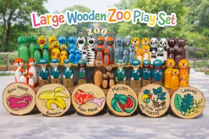 Montessori Wooden Zoo Animal Peg Dolls | Large Bumper Zoo Play Set | 12 Animal Families | EYFS Small World Play Toy | Kids Learning Gift