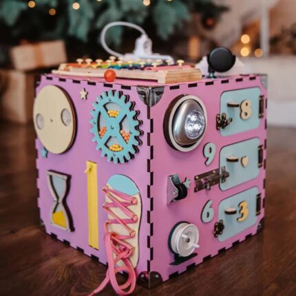 Pink Montessori Busy Cube 30cm – Wooden Activity Cube for Toddlers – Sensory Busy Board Toy