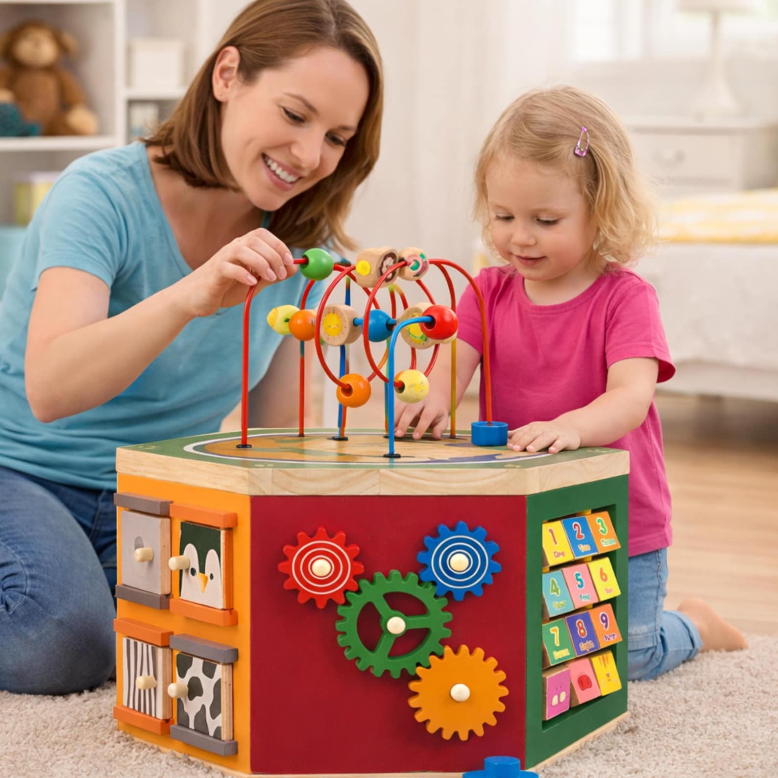 il_1588xN.7874182936_ekzz.jpg Wooden Farm Activity Cube for Toddlers | Montessori Toy with Magnetic Train Cars - Image 1