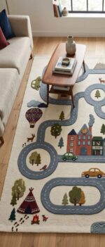 Kids Road Map Play Rug – Educational City Traffic Carpet with Cars, Trees, Mountains - Image 4
