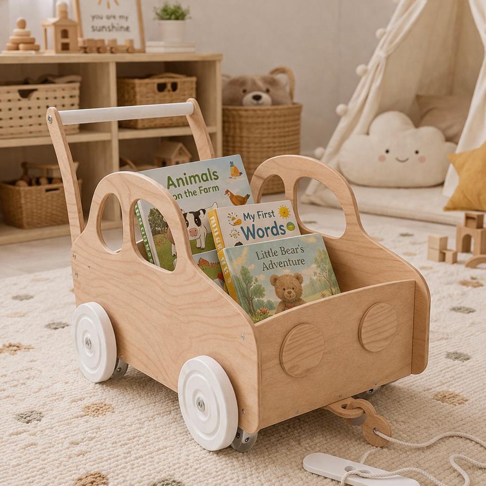 il_1588xN.7898523288_q1wl.jpg Wooden Toy Car Walker and Storage Wagon, Montessori Toddler Push Toy, Personalized Baby Book Cart, First Birthday Gift, Nursery Play Decor - Image 1