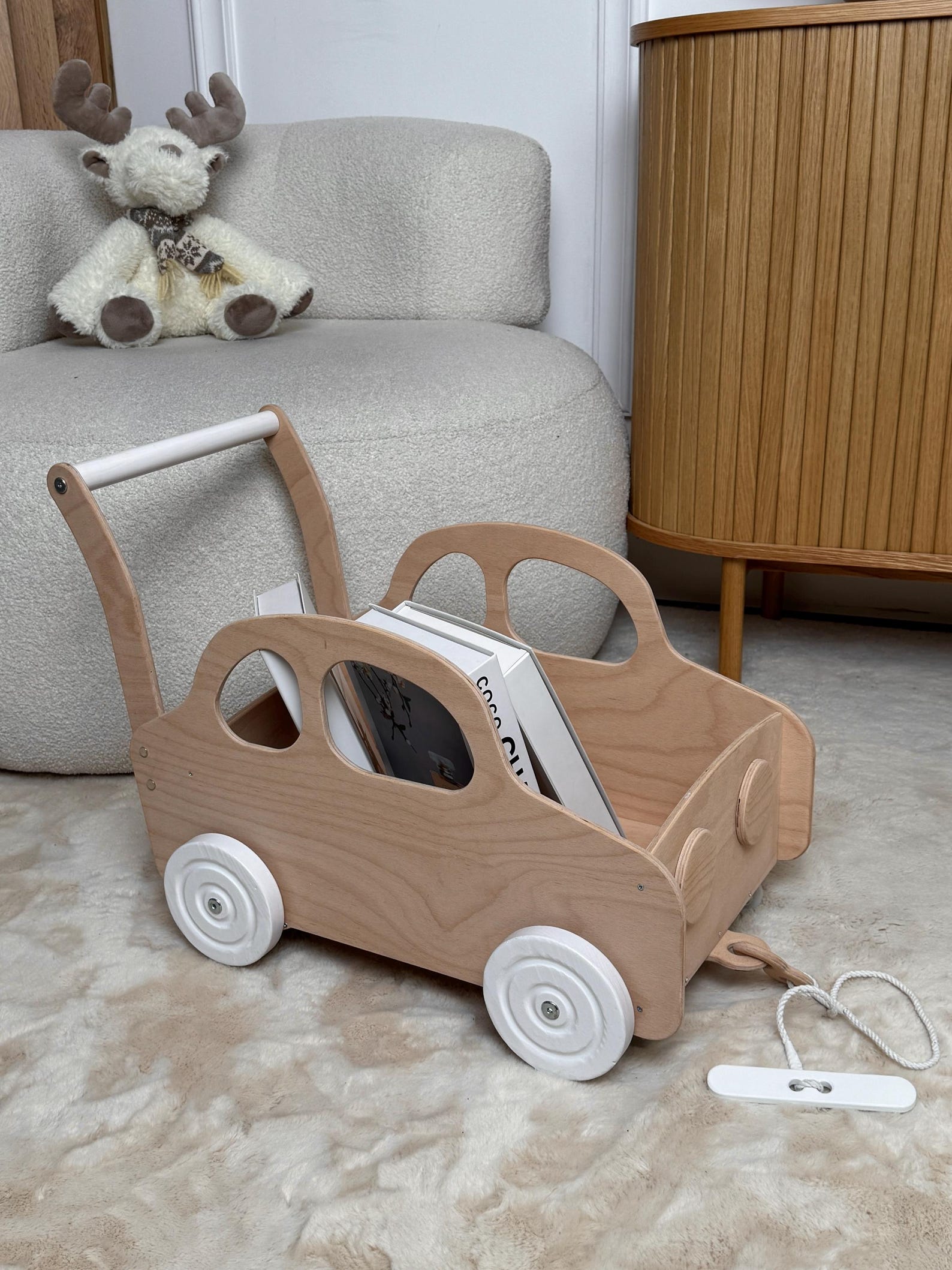 il_1588xN.7922999548_dyfl.jpg Wooden Baby Walker Car, Montessori Toddler Push Toy, Personalized Kids Book Storage, First Birthday Gift for Boy & Girl, Nursery Room Decor - Image 1