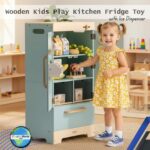 Wooden Kids Play Kitchen Fridge Toy with Ice Dispenser, Montessori Pretend Play Set, Toddler Learning Toy Age 3+ Gift Birthday