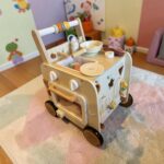 Wooden Baby Walker, 3-in-1 Push Walker with Play Kitchen & Montessori Activity Center, Sit-to-Stand Toy for Babies