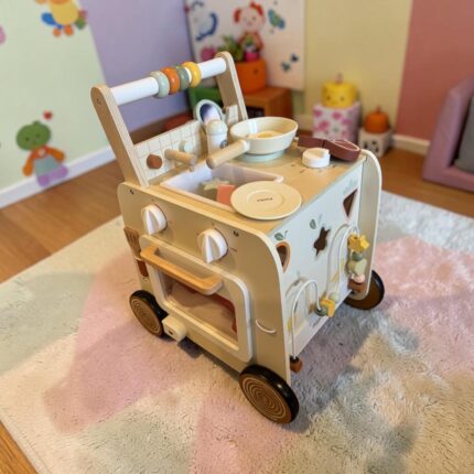 Wooden Baby Walker, 3-in-1 Push Walker with Play Kitchen & Montessori Activity Center, Sit-to-Stand Toy for Babies