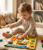 Busy Board for Babies - Sensory Learning Toy, Interactive Wooden Activity Board to Enhance Fine Motor Skills, Hand-Eye Coordination.