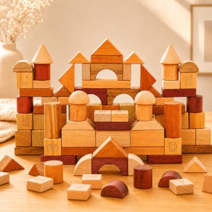 Montessori Wooden Building Blocks Set for Kids, Alphabet & Math Learning Toy, Natural Stacking Educational Gift for Toddlers Preschool