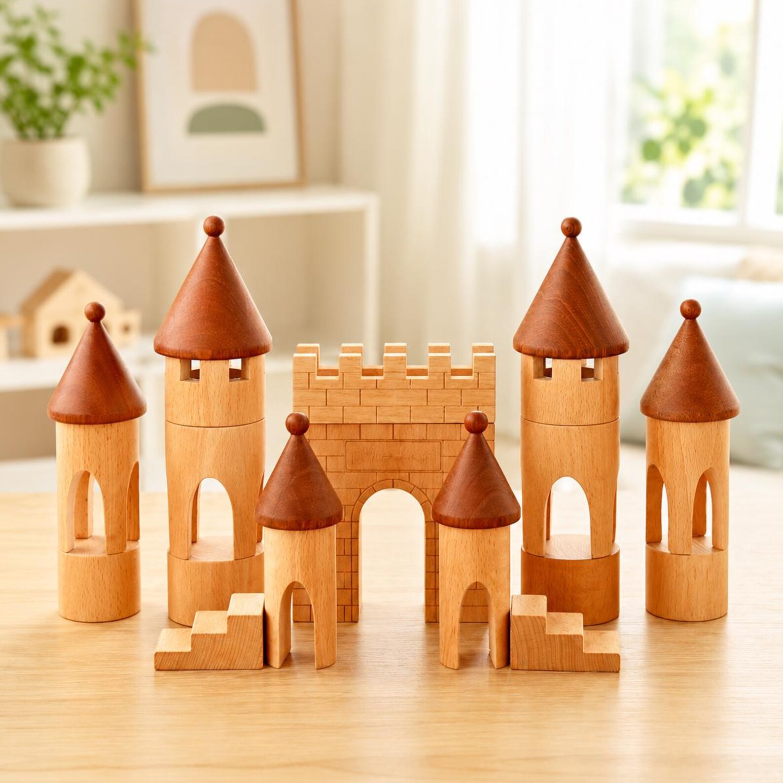 il_1588xN.8056792017_e5tj.jpg Wooden Castle Building Blocks Set Natural Wood Montessori Toy Stacking Tower Blocks Medieval Castle Toy Educational Gift for Kids - Image 1